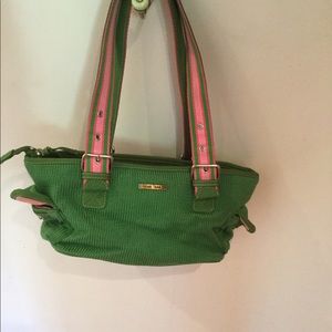 THE SAK Belinda Purse Satchel Shoulder Bag Striped Double Handles Pink & Green